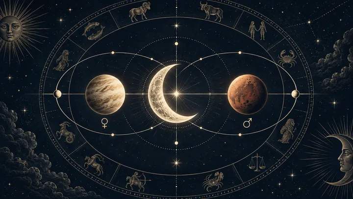 A gold-lined zodiac wheel surrounds a crescent moon, two planets, and Venus and Mars symbols against a starry night sky.
