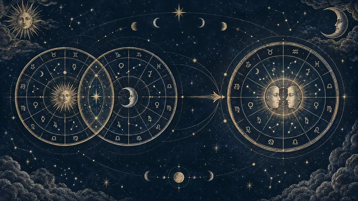 Illustrative midnight-blue composition with two separate natal wheels facing a single shared relationship wheel, joined by brass midpoint lines.