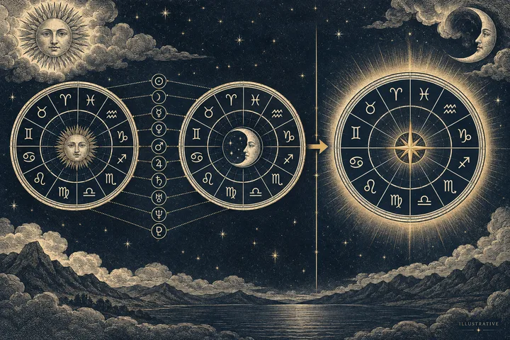 Illustrative close-up of two distinct natal chart circles with directional aspect lines between personal planets, representing synastry.