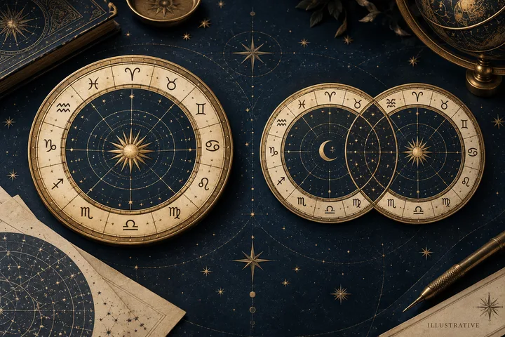 Illustrative brass-and-ivory Davison wheel centered on a time-and-space midpoint marker, with house divisions radiating from the shared chart.
