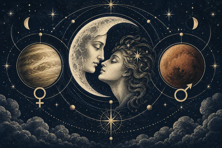 Engraved-style illustration of two faces leaning toward each other beneath a starry sky, surrounded by orbiting circles, crescent moons, planet-like spheres, and gold astronomical symbols.