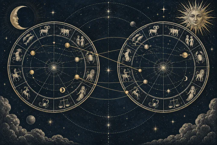 Two large zodiac wheels with planetary symbols are connected by curved gold lines against a starry dark-blue sky, with a crescent moon, a sun, and clouds around them.