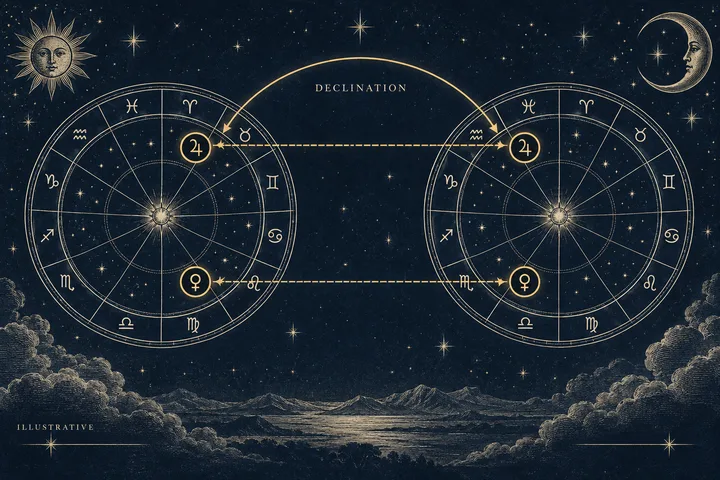 Two zodiac wheels with highlighted Jupiter and Venus symbols are linked by dashed gold lines labeled DECLINATION, above a mountainous landscape; ILLUSTRATIVE appears at the lower left.