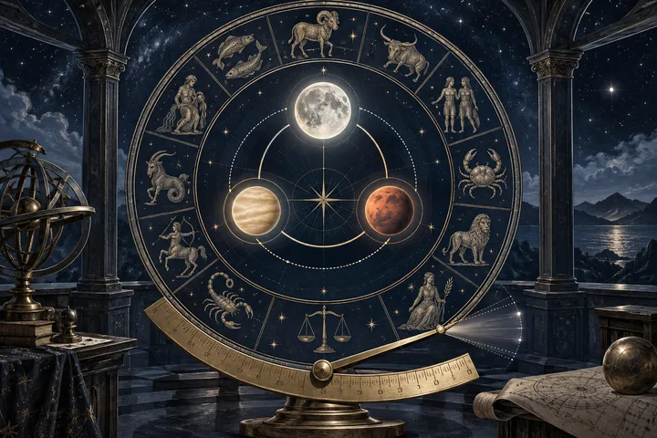Engraved midnight-blue zodiac wheel with luminous Moon, Venus, and Mars symbols connected by orbit lines and a brass measuring arc fading into an uncertainty band.