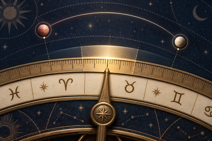 Close-up engraved zodiac ruler with a brass pointer and translucent band showing the possible hidden-minute range between two abstract planet markers.