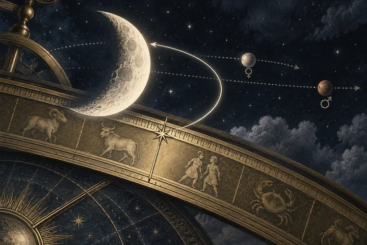 Luminous crescent Moon crossing an engraved zodiac boundary on a brass celestial instrument, with wider lunar motion than Venus and Mars in the background.