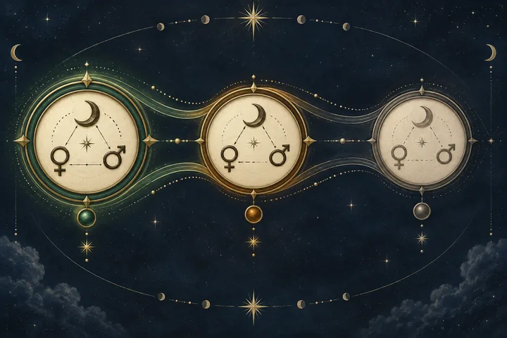 Three engraved celestial contact nodes flowing from stable green through conditional amber to unsupported gray, symbolizing careful synastry evidence ranking.