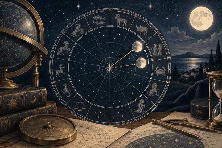 Engraved midnight-blue zodiac wheel with two nearby Moon positions, brass astronomical instruments, and an hourglass on a drafting table.