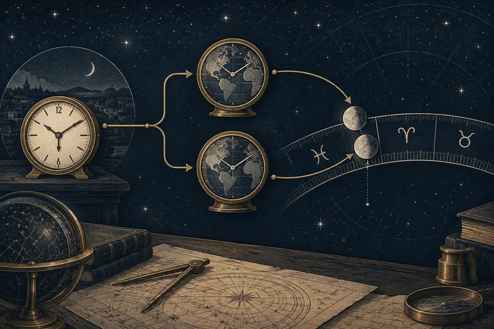 Engraved explanatory scene showing one local clock branching to two world clocks and two nearby Moon positions along a zodiac arc.