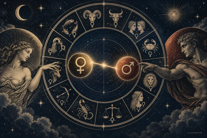 Editorial illustration accompanying: How should you read different Venus signs with a close Venus-Mars synastry aspect?