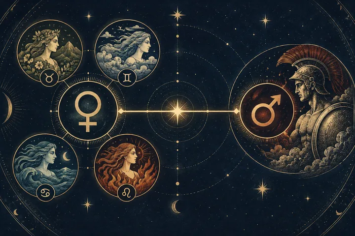 Editorial illustration accompanying: How should you read different Venus signs with a close Venus-Mars synastry aspect?