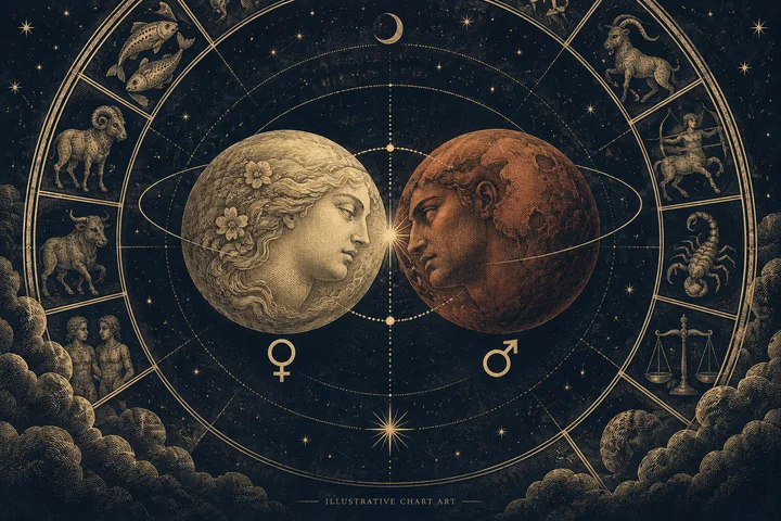 Editorial illustration accompanying: How should you read different Venus signs with a close Venus-Mars synastry aspect?