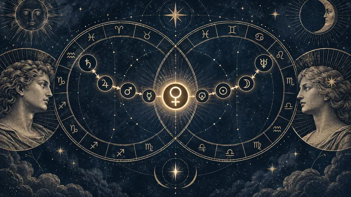 Editorial illustration accompanying: How can a dispositor chain contextualize a Venus contact in synastry?