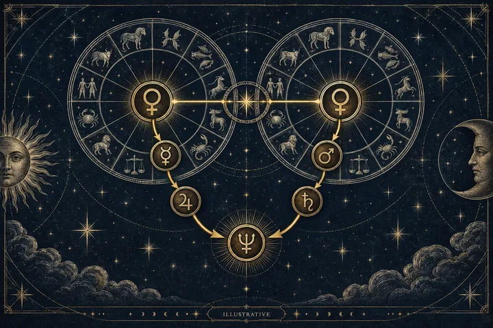 Editorial illustration accompanying: How can a dispositor chain contextualize a Venus contact in synastry?