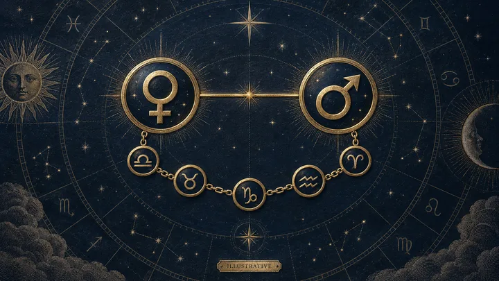 Illustrative gold Venus and Mars symbols linked across a starry zodiac wheel, with sign medallions forming a chain between them.