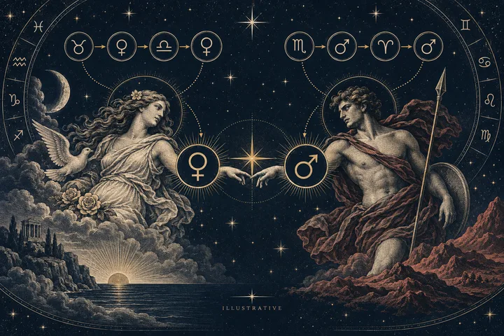 Illustrative Venus and Mars figures reach toward each other beneath arrowed sign-ruler chains in a starry zodiac scene.