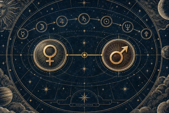 Illustrative Venus and Mars medallions face each other while smaller planetary symbols trace a circular dispositor chain above them.