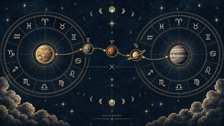 Two large circular zodiac diagrams face each other in a starry sky, with several colored planets connected by gold arrows between them.