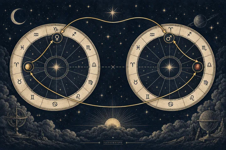 Two circular zodiac diagrams are connected by looping gold arrows, with planet symbols inside the circles, a crescent moon above, and clouds below.