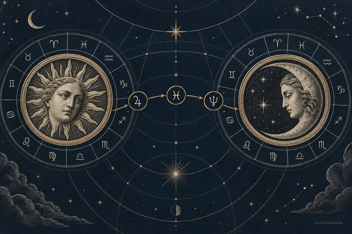 A sun-faced medallion and a moon-faced medallion appear inside separate zodiac circles, with three planetary symbols linked between them.