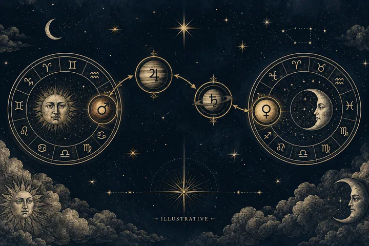 Two zodiac circles containing sun and moon faces are linked by a chain of three ringed planetary symbols against a starry sky.