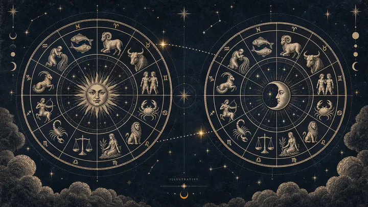 Illustrative brass zodiac wheel showing two planetary paths crossing from one zodiac sign into another on a midnight-blue field.