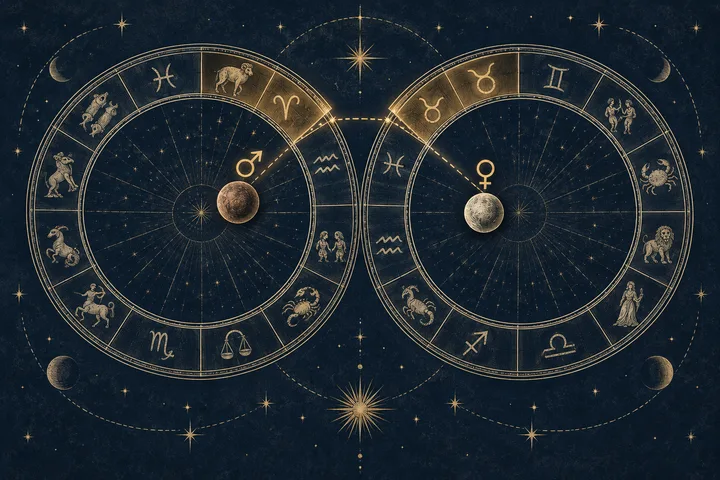 Illustrative close-up of two engraved planets meeting beside adjacent zodiac signs, marked by an ivory degree arc.