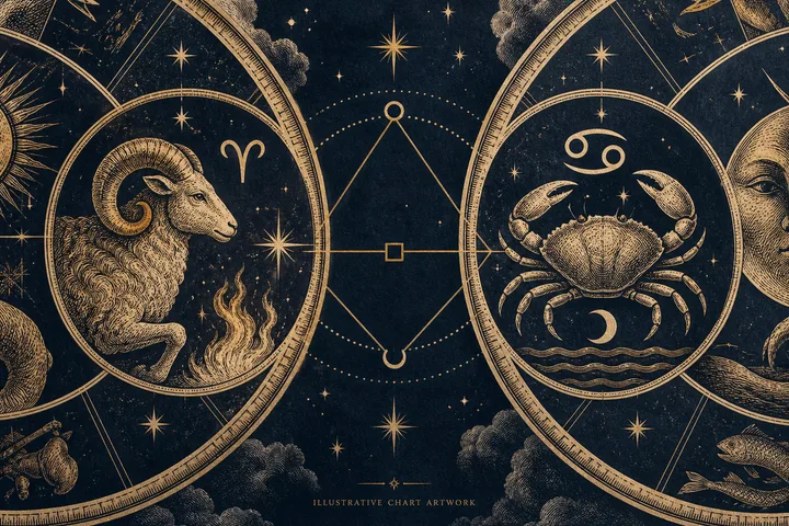 Illustrative Venus and Mars symbols linked by a brass degree arc, with Pisces and Aries shown as neighboring signs.