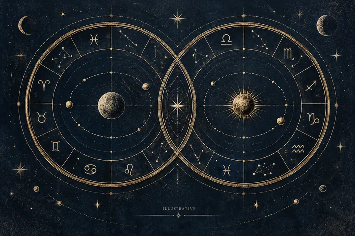 Illustrative engraved synastry notes with a degree line, an orb marker, and contrasting zodiac symbols arranged for comparison.