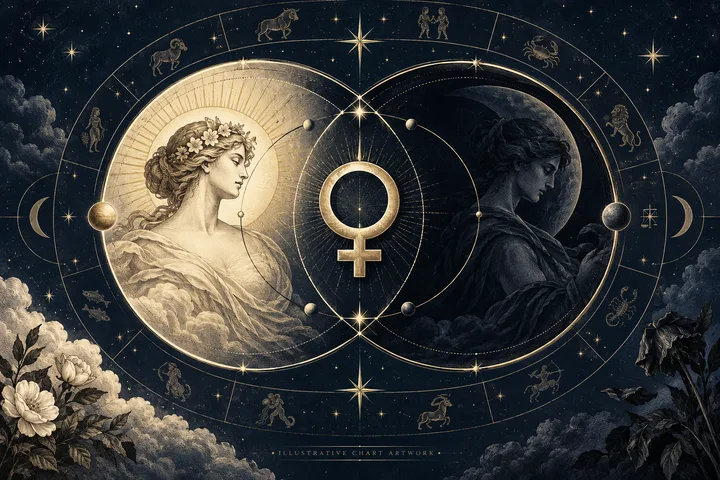 Illustrative brass Venus glyphs and linked synastry circles on a midnight-blue zodiac field, contrasting a settled Venus home with a more guarded Mars-ruled passage.
