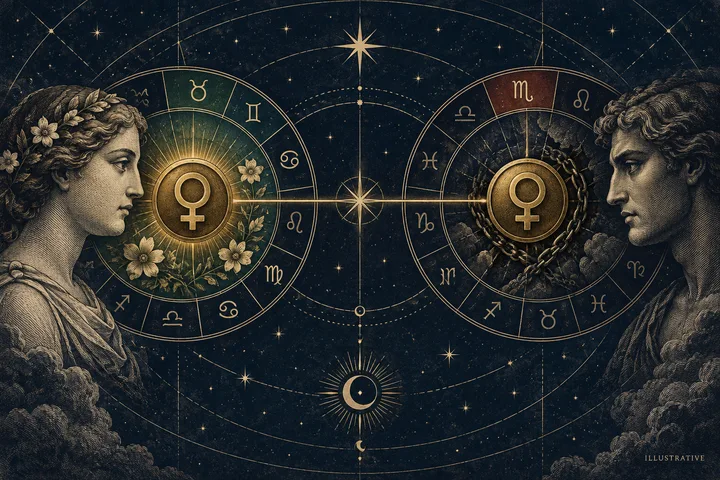 Illustrative synastry comparison with Libra and Scorpio Venus symbols, degree marks, and a fine connecting line showing sign style before exact aspect judgment.