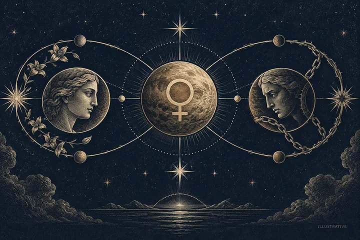 Illustrative reception scene in engraved zodiac brass, with a Venus symbol entering a Mars-ruled sign as a guest beneath an open celestial doorway.