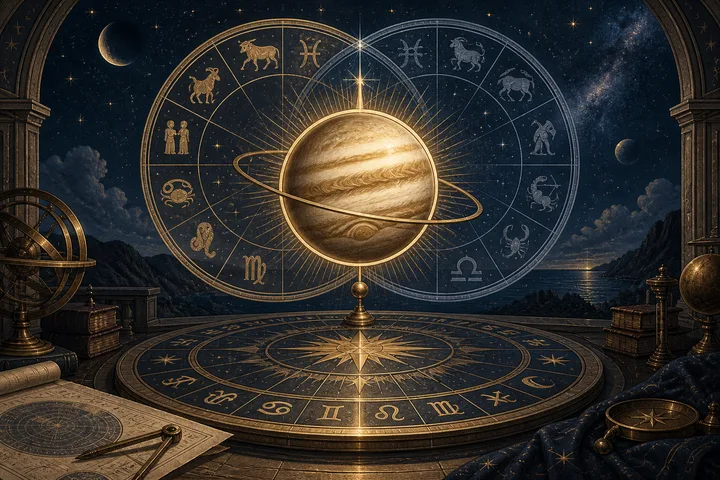 Illustrative midnight-blue and brass zodiac wheels surrounding a luminous central planet, representing the strongest planetary voice before synastry.