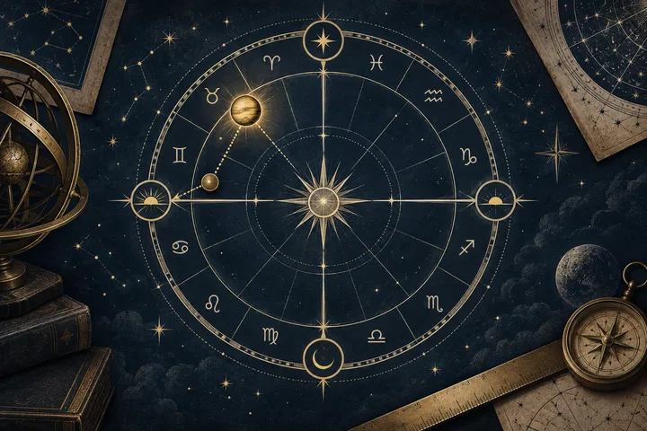 Illustrative astrological wheel with a highlighted planet near an angle crosshair, suggesting angularity and the Ascendant ruler.