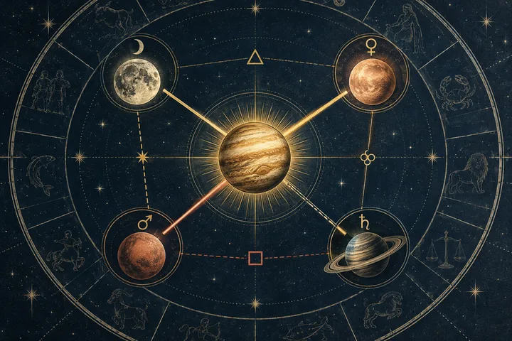 Illustrative aspect network with a radiant central planet connected to Moon, Venus, Mars, and Saturn by harmonious and tense geometric lines.