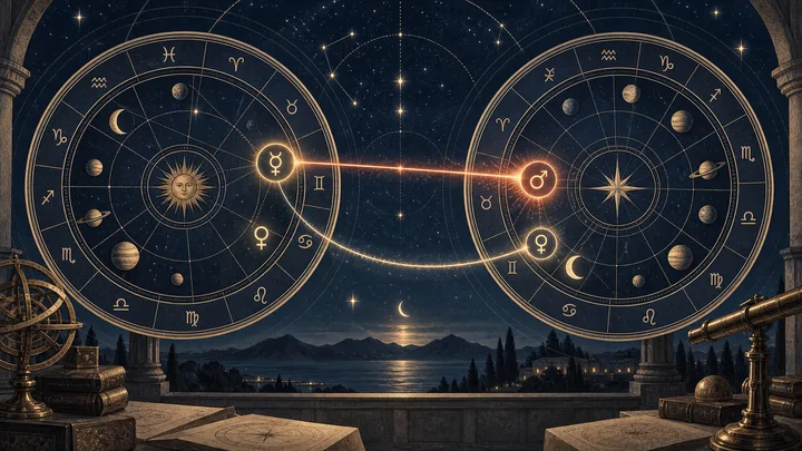 Two separate illustrative natal chart wheels linked by a focused Mercury-to-Mars beam and a softer Moon-to-Venus arc, representing synastry activation.