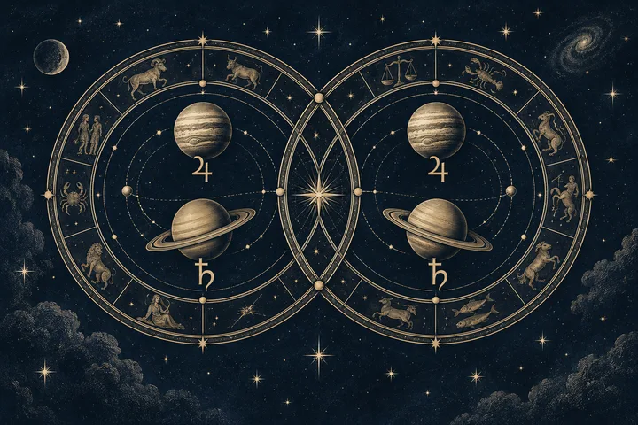 Two overlapping gold circular star charts on a dark blue starry background, with planet-like spheres, ringed planets, and small animal and human figures around the circles.