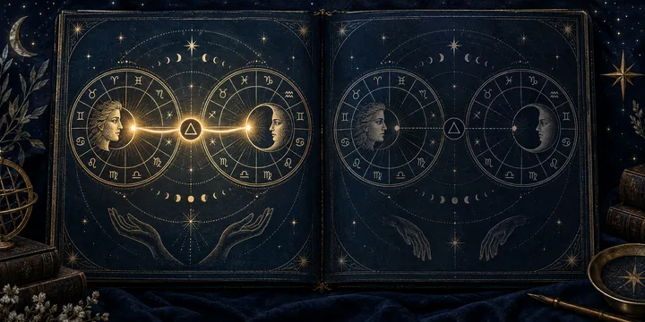 Illustrative engraved synastry paths showing one flowing planetary contact and one quiet contact in midnight blue, ivory, and brass.