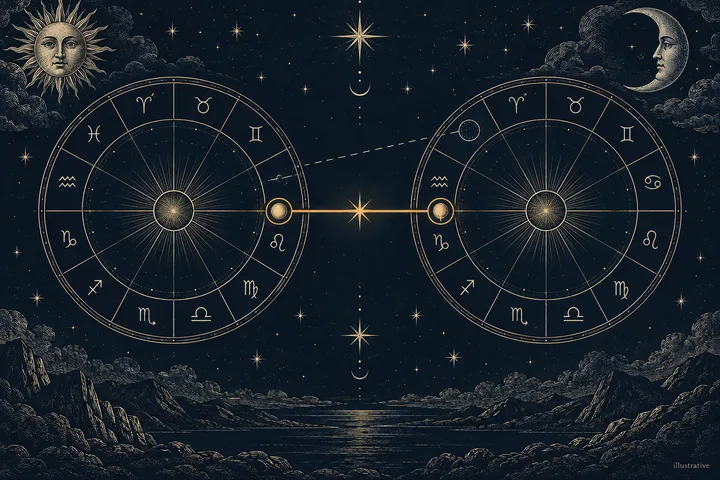 Illustrative synastry reference showing planetary symbols, a trine path, zodiac signs, and an orb ring in brass on midnight blue.