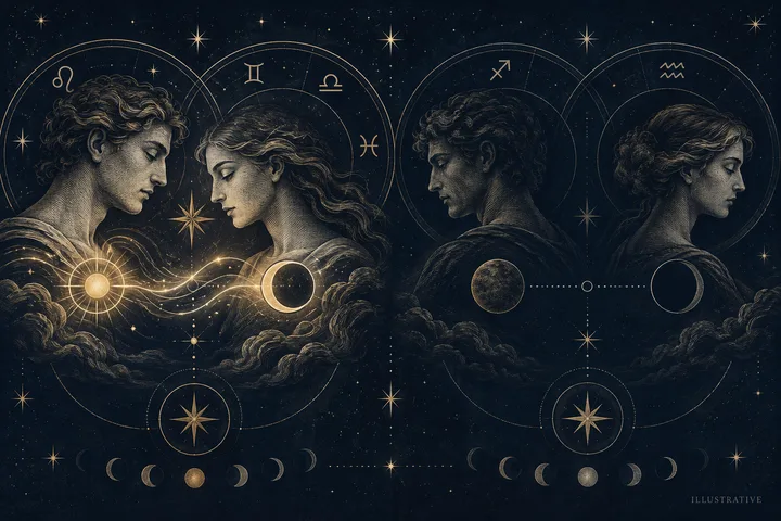 Illustrative synastry scene with a warm planetary bridge beside a tense intersecting line, suggesting support during relationship pressure.
