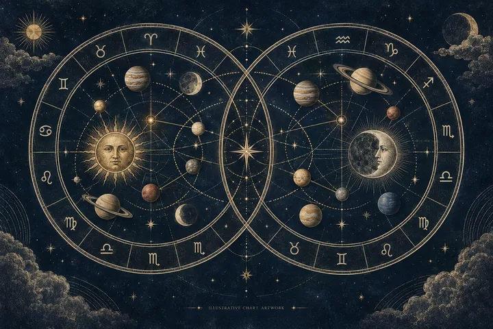 Illustrative synastry wheel with brass planetary symbols crossing a midnight-blue zodiac, showing dignity as context rather than a good-or-bad label.