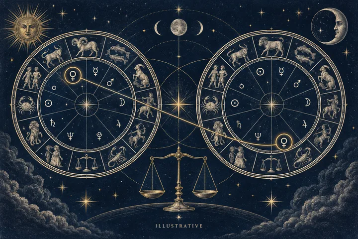 Illustrative host-and-guest diagram for planetary reception, with a Venus symbol entering a brass-ruled zodiac sign.