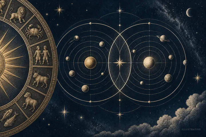 Illustrative close-up of paired planetary symbols joined by a measured aspect line across an ivory and brass chart.