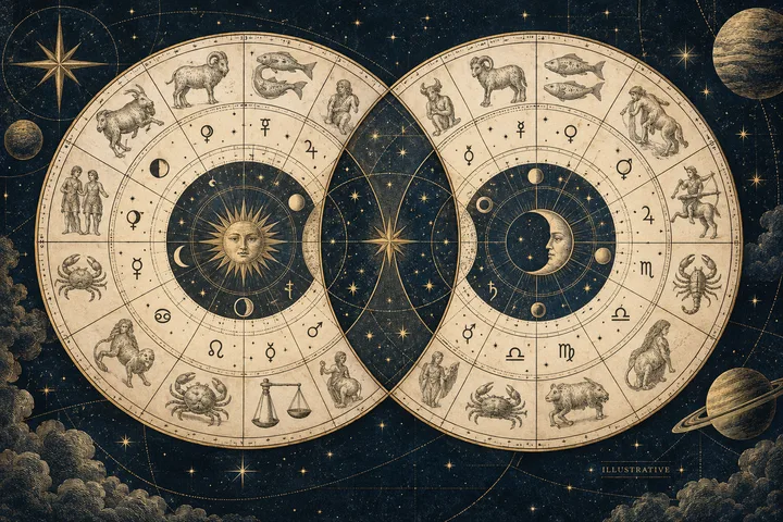 Illustrative astrology worksheet with Moon, Venus, and Mars layers arranged around a midnight-blue synastry circle.