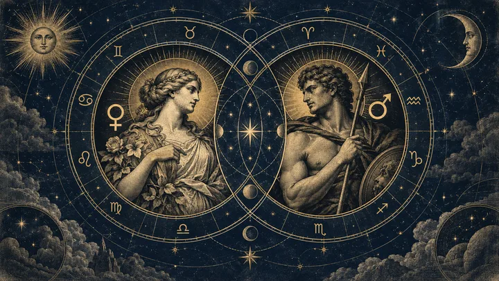 Editorial illustration accompanying: How should essential dignity modify a Venus or Mars synastry interpretation?