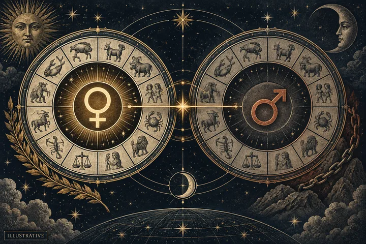 Editorial illustration accompanying: How should essential dignity modify a Venus or Mars synastry interpretation?