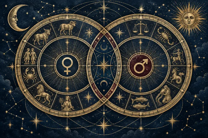 Editorial illustration accompanying: How should essential dignity modify a Venus or Mars synastry interpretation?