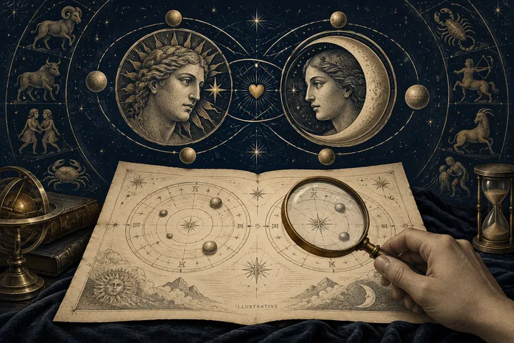 Engraved portraits of a man and woman face each other across a heart and starry circular lines. Below them, a hand holds a magnifying glass over two illustrated astrological charts marked ‘illustrative.’