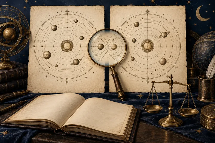 Two illustrated astrological charts sit side by side beneath a magnifying glass. An open book, celestial objects, and a balance scale surround them on a dark blue tabletop.