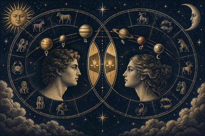 An engraved gold and ivory astrological chart on a starry navy background, with two profile portraits facing across overlapping zodiac circles, planets, symbols, a sun and a crescent moon.